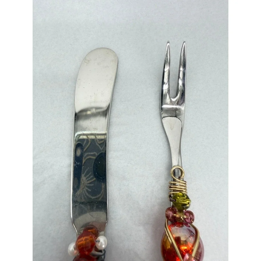 Wire Wrapped Beaded Small Appetizer Knife & Fork Set Stainless Flatware Handmade